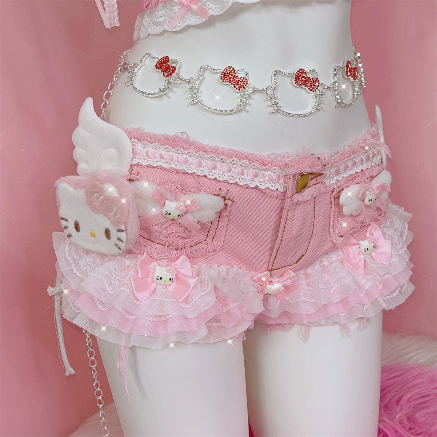 Y2K Cute Sweet Kitty Lace Wings Lace Pink Shorts