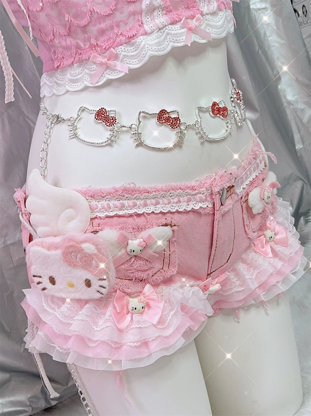 Y2K Cute Sweet Kitty Lace Wings Lace Pink Shorts
