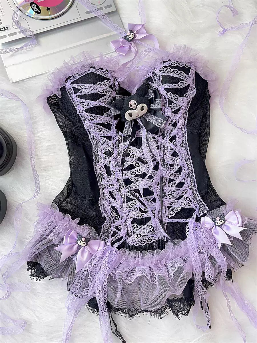 Y2K Purple Black Kuro Pure Niche Lace Suspender Vest Top