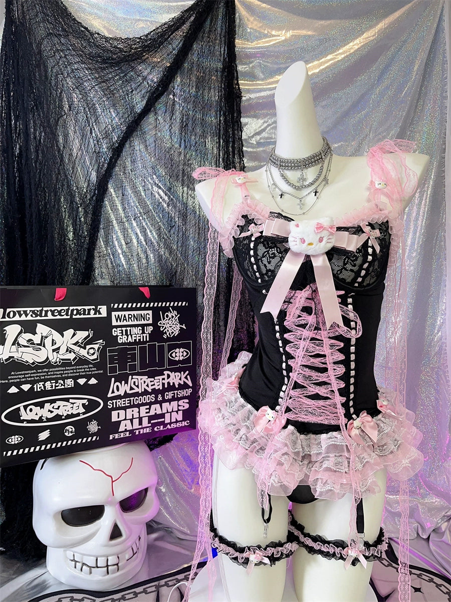 Y2K Black Pink Lace Bow kitty Suspender Vest Panty Set