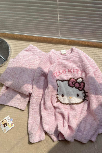 Rosa, weiches, flauschiges Kätzchen-Pyjama-Set SK559