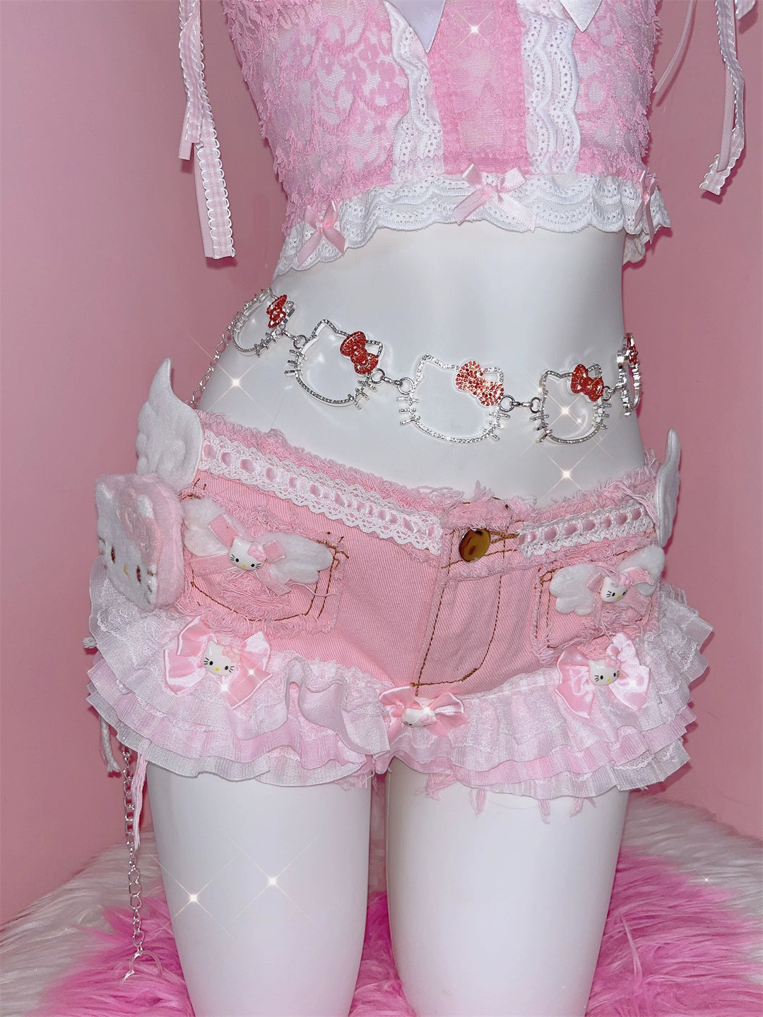 Y2K Cute Sweet Kitty Lace Wings Lace Pink Shorts