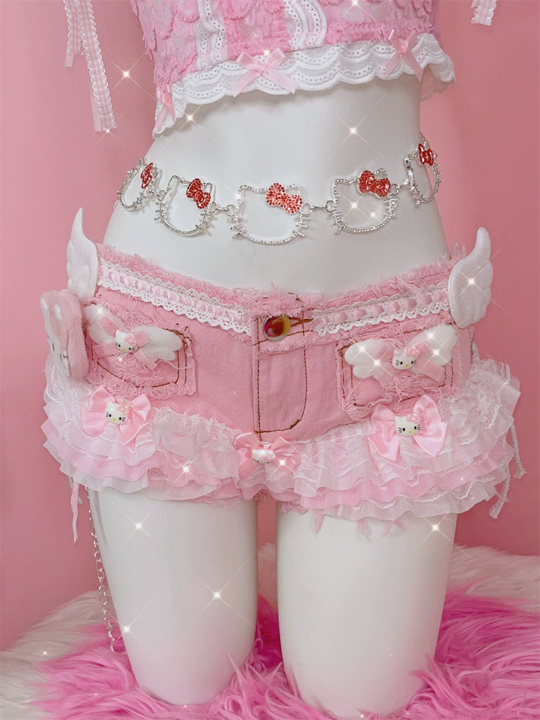 Y2K Cute Sweet Kitty Lace Wings Lace Pink Shorts