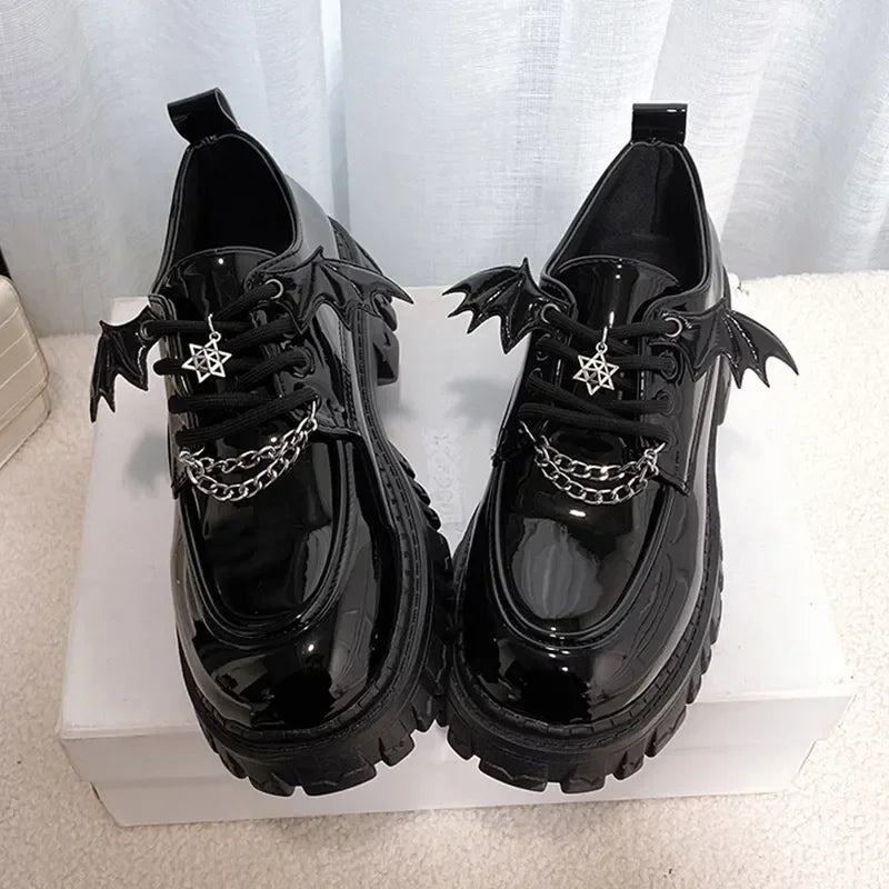 Black Cool Lolita Wings Mary Jane Shoes KI714