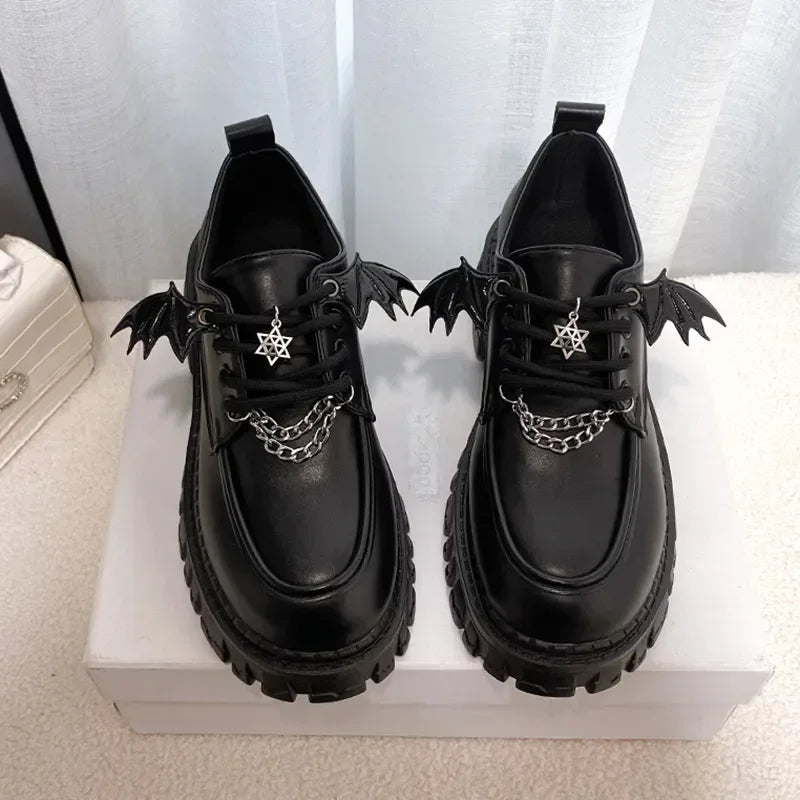 Black Cool Lolita Wings Mary Jane Shoes KI714