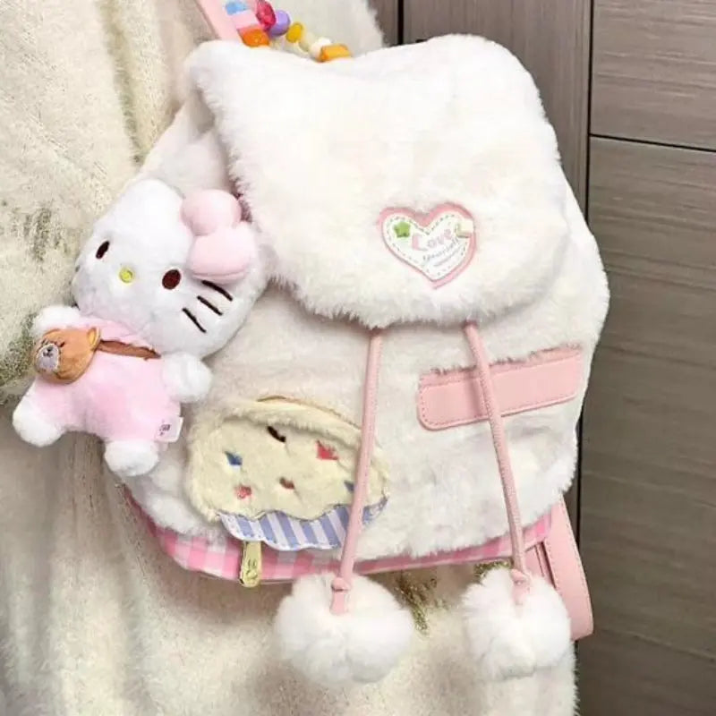 Kawaii Aesthetic Y2K Cute Fairy Pink Heart Plush Backpack - Kimi MK Kawaii Store