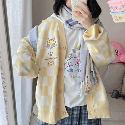 Cartoon Campus Plaid Cardigan