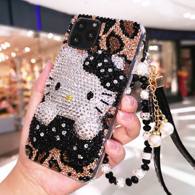 Black Kitty Rhinestone iPhone Case With Chain SK502