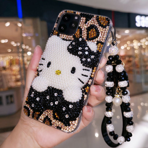 Black Kitty Rhinestone iPhone Case With Chain SK502