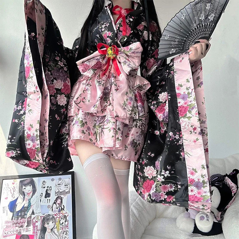 Dress Pink Japanese Kimono Traditional Black