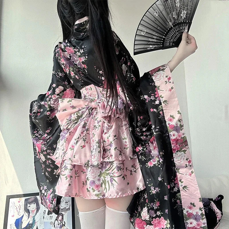 Dress Pink Japanese Kimono Traditional Black
