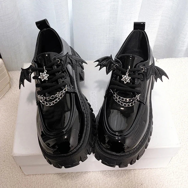 Black Cool Lolita Wings Mary Jane Shoes KI714