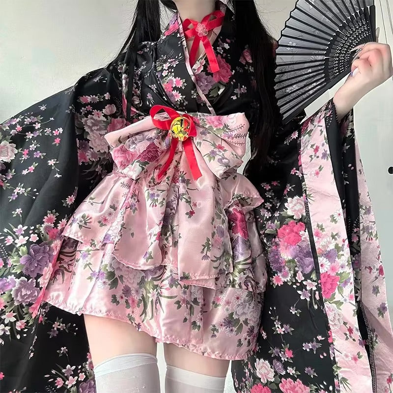 Dress Pink Japanese Kimono Traditional Black