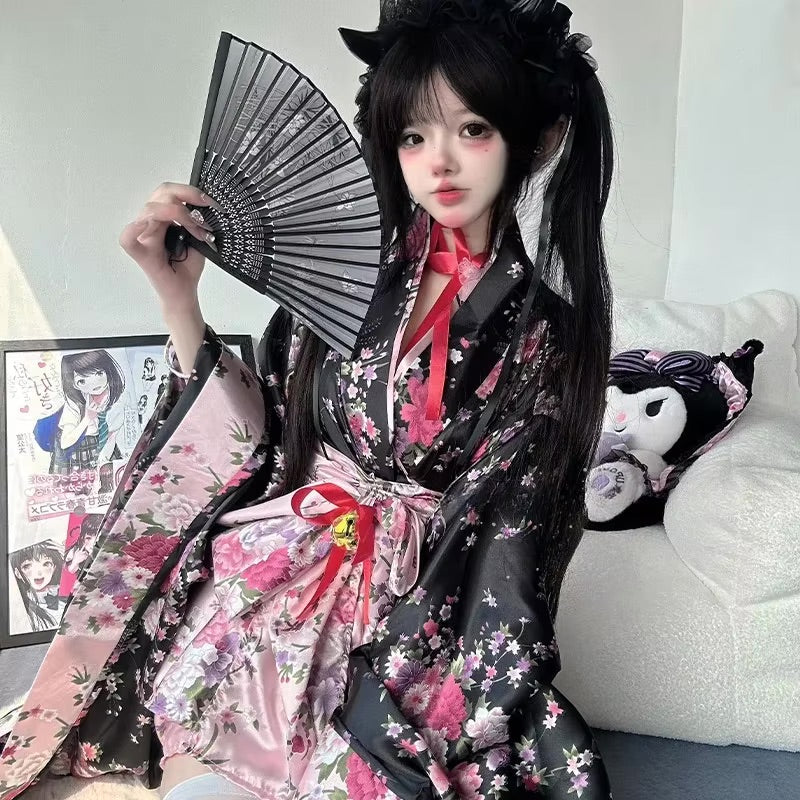 Dress Pink Japanese Kimono Traditional Black