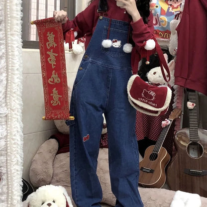 Kitty Printed Denim Overall Suspenders Pants KI715