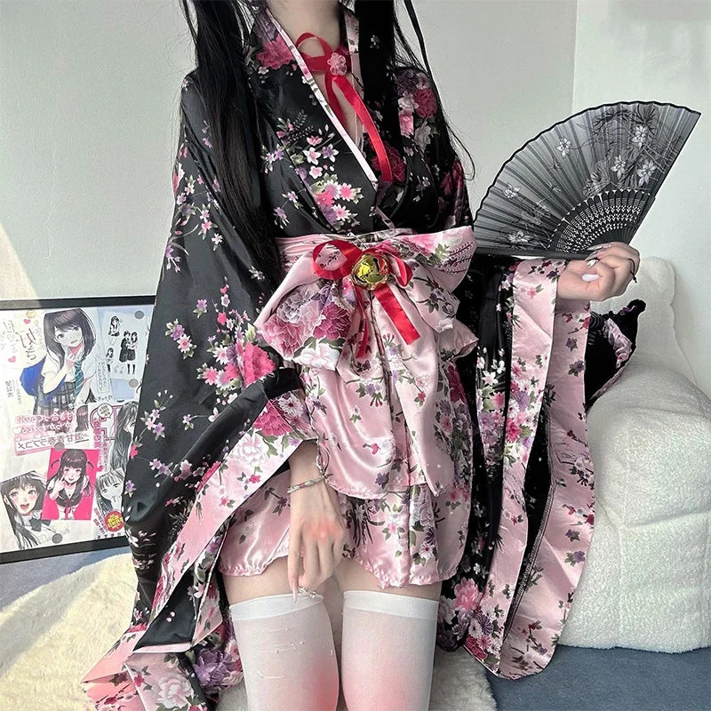 Dress Pink Japanese Kimono Traditional Black