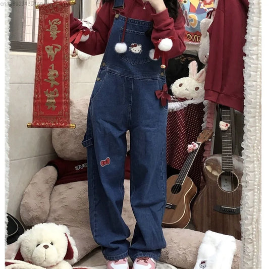 Kitty Printed Denim Overall Suspenders Pants KI715