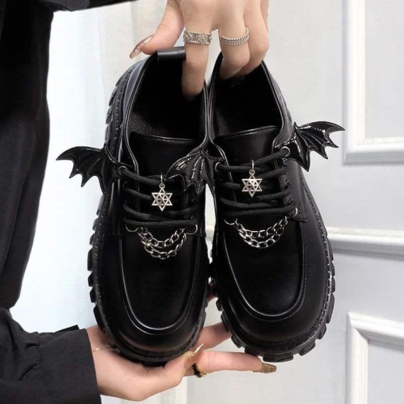 Black Cool Lolita Wings Mary Jane Shoes KI714