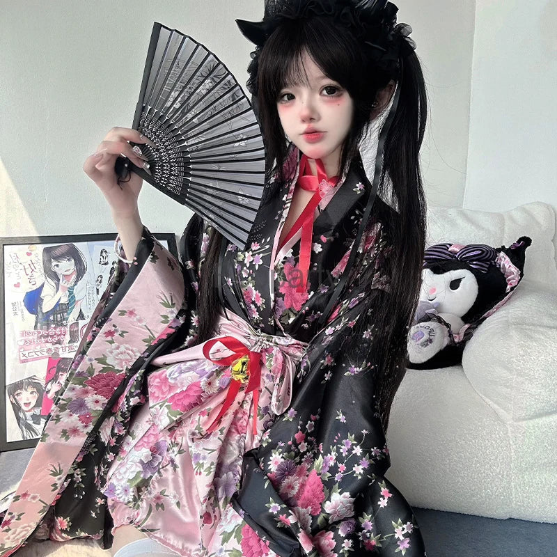 Dress Pink Japanese Kimono Traditional Black