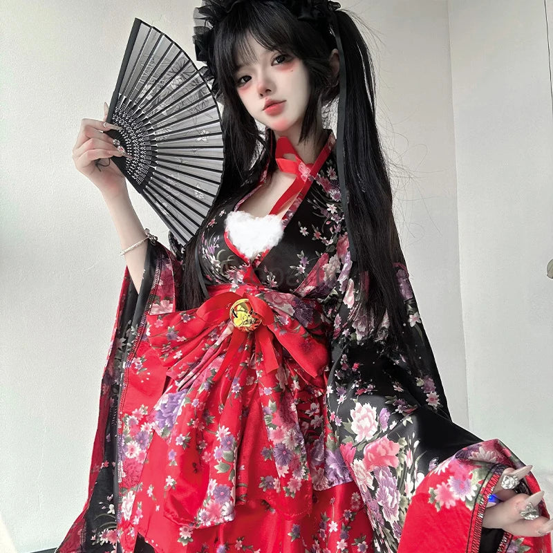 Dress Pink Japanese Kimono Traditional Black