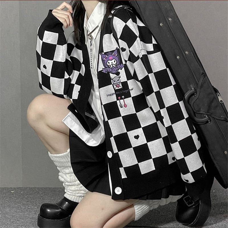 Cartoon Campus Plaid Cardigan