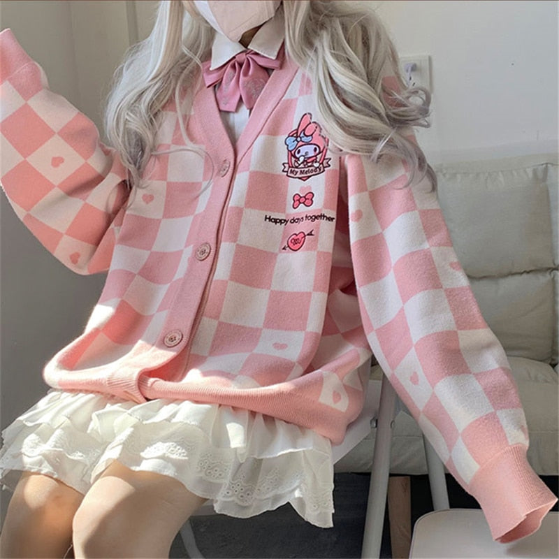 Cartoon Campus Plaid Cardigan