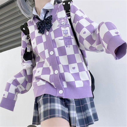 Cartoon Campus Plaid Cardigan