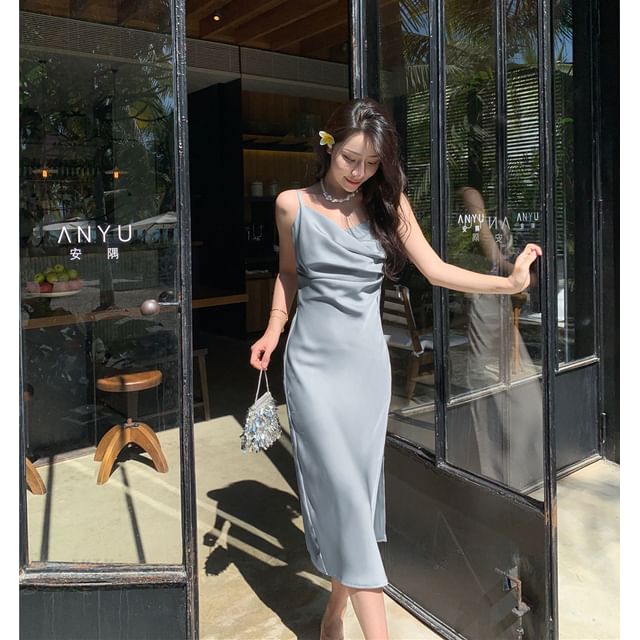 Thin Strap Slit Midi Bodycon Dress