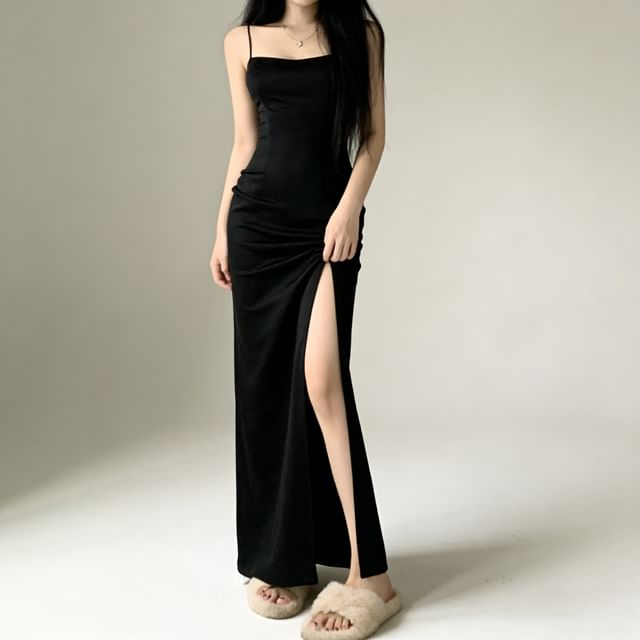 Thin Strap Solid Side-Slit Long Fitted Dress