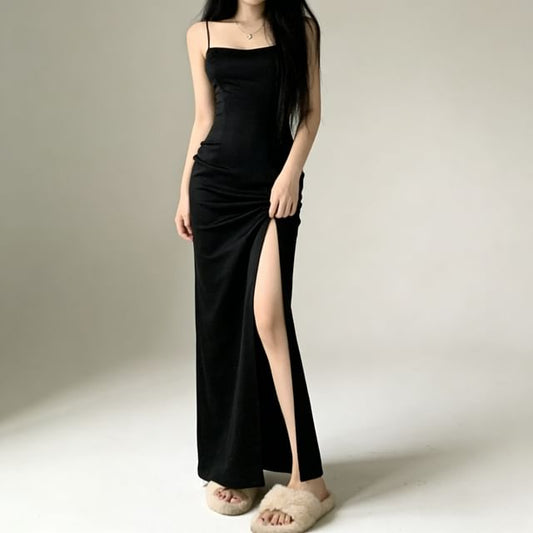 Thin Strap Solid Side-Slit Long Fitted Dress