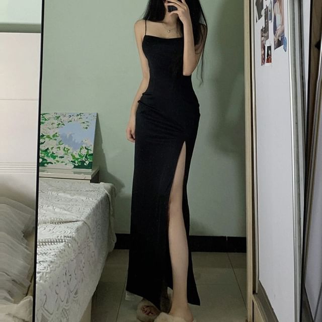 Thin Strap Solid Side-Slit Long Fitted Dress