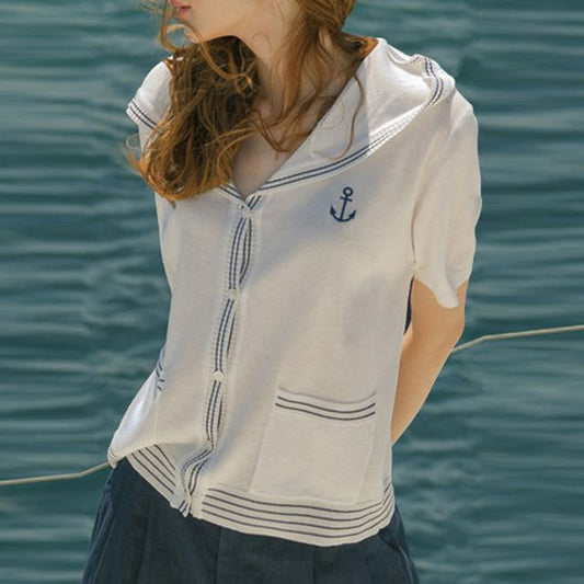 Striped Sailor Collar Short-Sleeve Knit Top