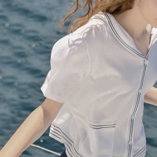 Striped Sailor Collar Short-Sleeve Knit Top