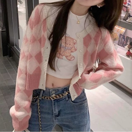 Argyle Cropped Crewneck Sweater