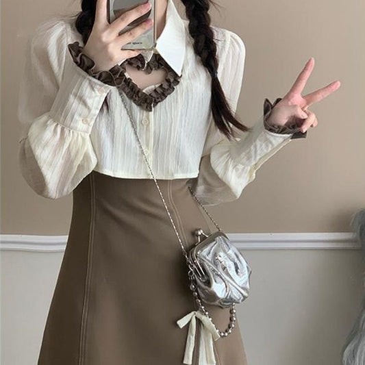 Set: Long-Sleeve Cutout Crop Top + Thin Strap Mini A-Line Dress