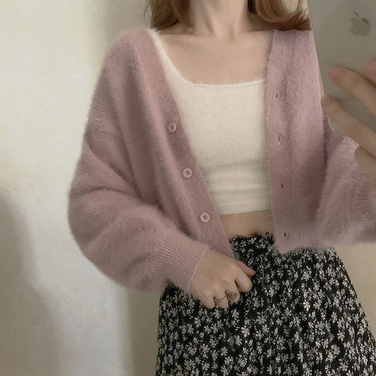 Fluffy Button-Front Solid Cardigan