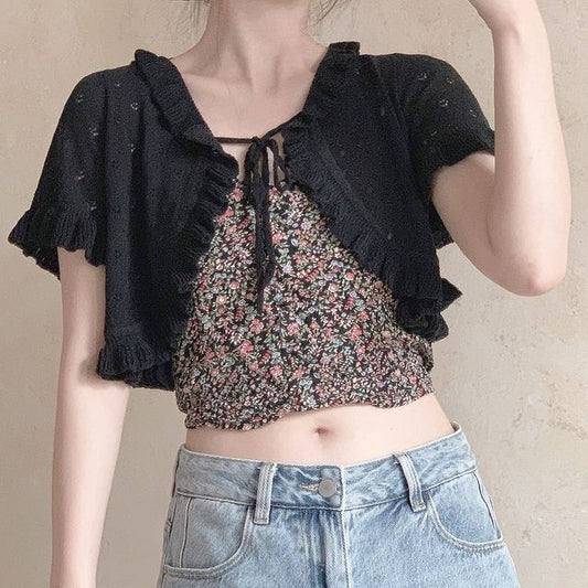 Frill Trim Open Front Cropped Knit