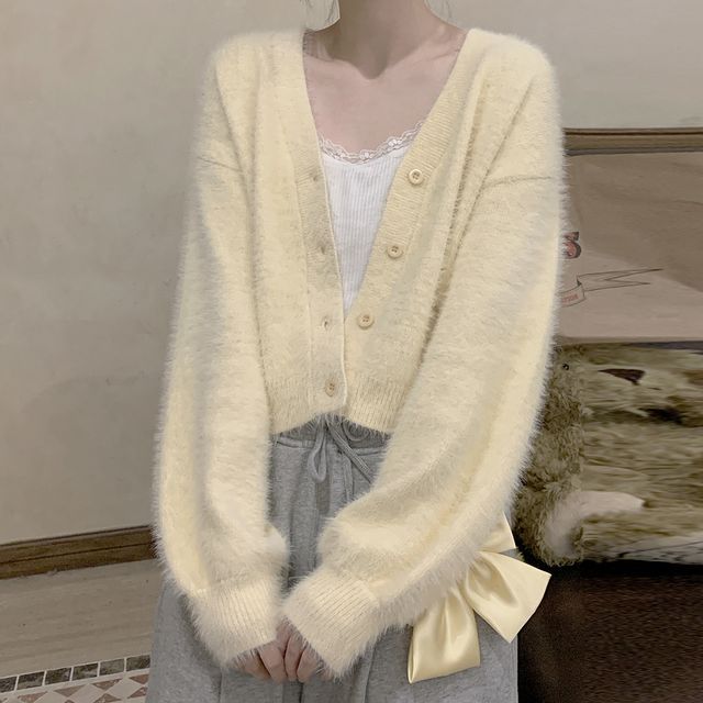 Fluffy Button-Front Solid Cardigan