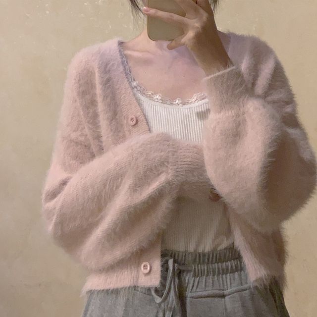 Fluffy Button-Front Solid Cardigan
