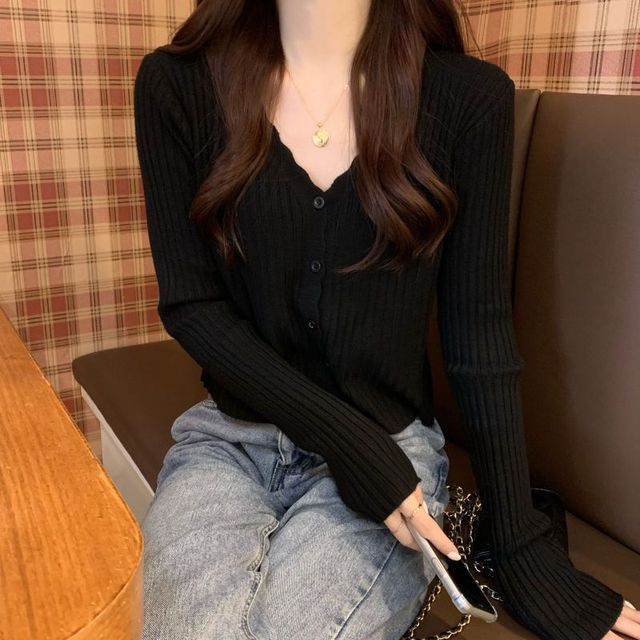 V-Neck Ribbed Knit Cardigan