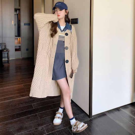 Denim-Collar Knit Jacket Cardigan