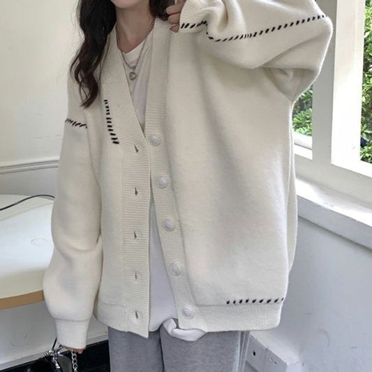 V-Neck Contrast Stitch Button-Front Cardigan
