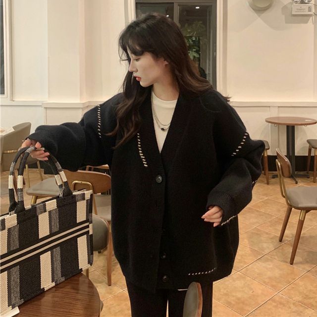 V-Neck Contrast Stitch Button-Front Cardigan