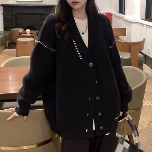 V-Neck Contrast Stitch Button-Up Knit