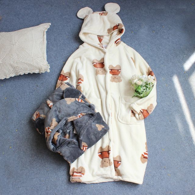 Couple Matching Long-Sleeve Bear Print Hooded Pajama Robe