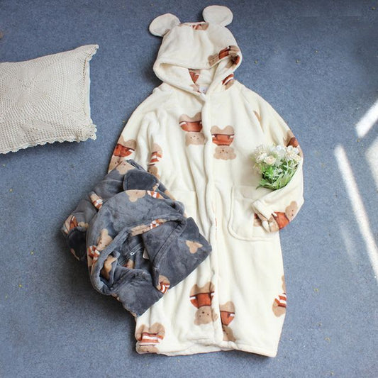 Couple Matching Long-Sleeve Bear Print Hooded Pajama Robe