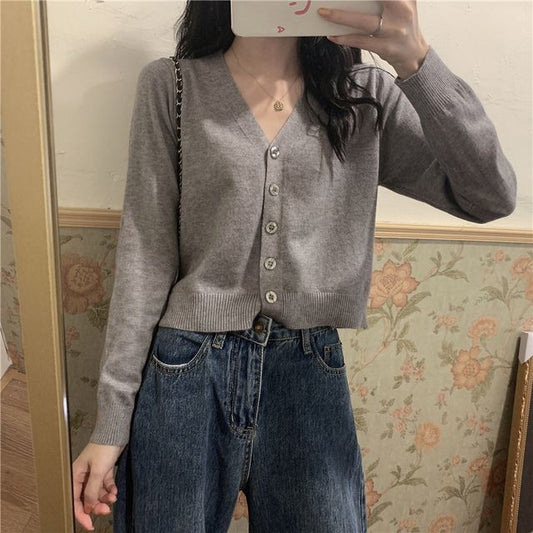 V-Neck Button-Front Knit Jacket