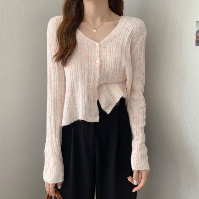 Long-Sleeve V-Neck Solid Crop Sweater