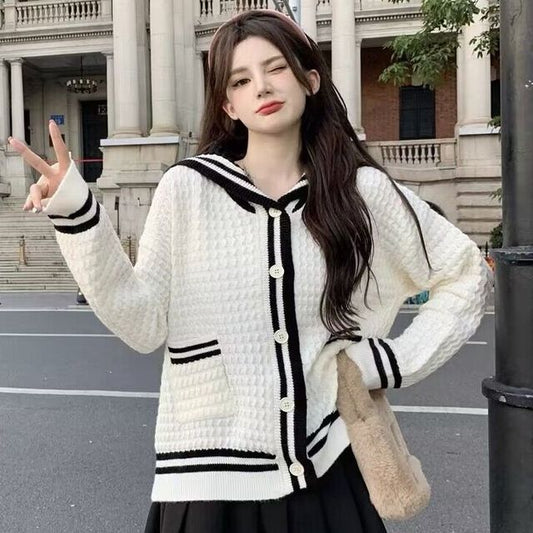 Sailor Collar Button-Up Knit Top