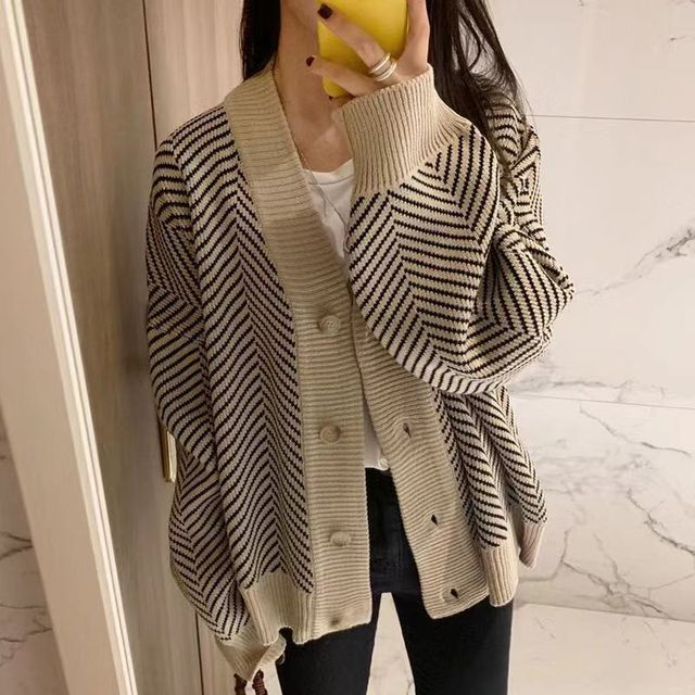 V-Neck Herringbone Contrast Trim Button-Up Sweater